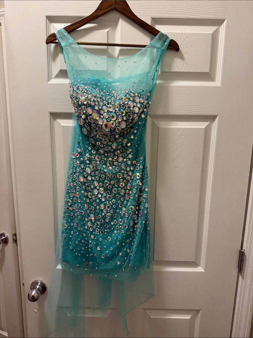 Jovani Teal Beaded Backless Cocktail Dress